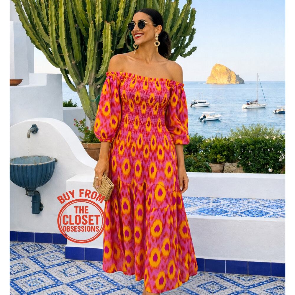 Zara Pink and Yellow Off-Shoulder Maxi Dress